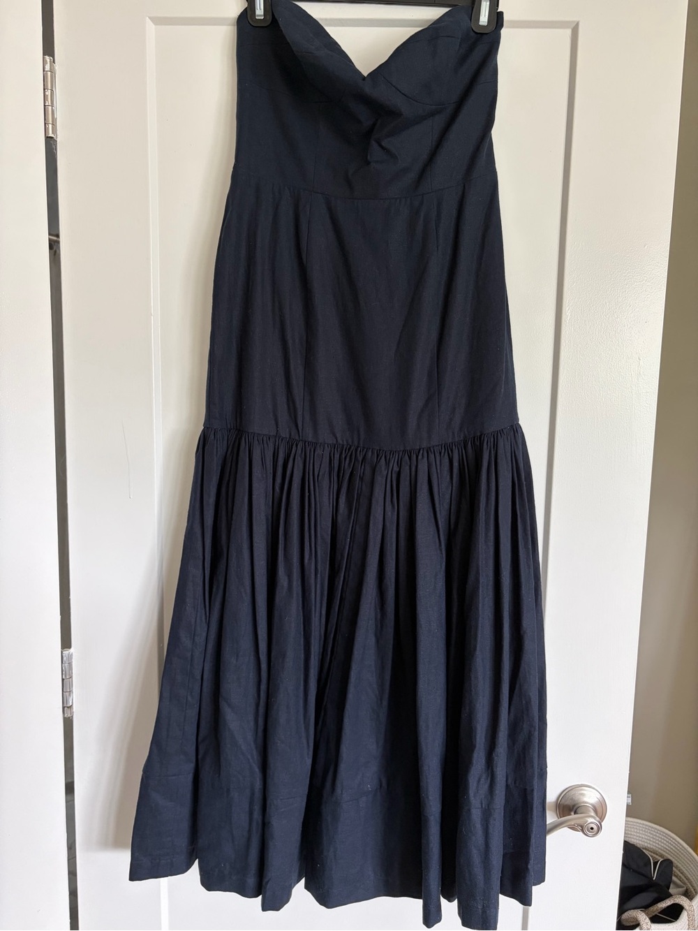 Veronica Beard Strapless Navy Linen Mermaid Gown